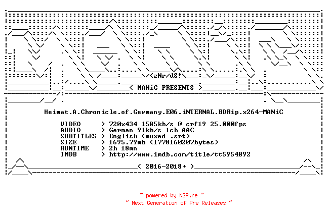 NFO for the release Heimat.A.Chronicle.of.Germany.E06.iNTERNAL.BDRip.x264-MANiC by MANiC