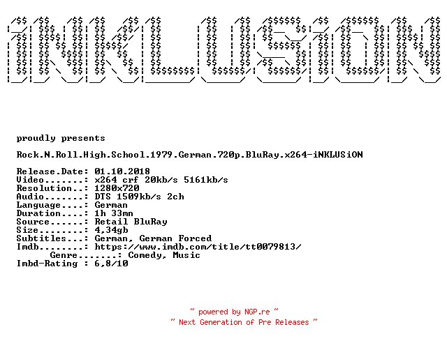 NFO for the release Rock.N.Roll.High.School.1979.German.720p.BluRay.x264-iNKLUSiON by iNKLUSiON