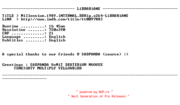 NFO for the release Millennium.1989.iNTERNAL.BDRip.x264-LiBRARiANS by LiBRARiANS