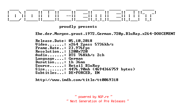 NFO for the release Ehe.der.Morgen.graut.1972.German.720p.BluRay.x264-DOUCEMENT by DOUCEMENT