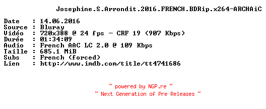 NFO for the release Josephine.S.Arrondit.2016.FRENCH.BDRip.x264-ARCHAiC by ARCHAiC