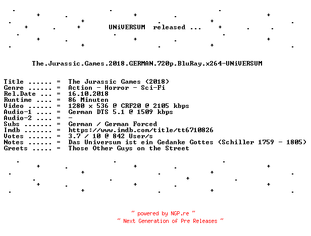 NFO for the release The.Jurassic.Games.2018.GERMAN.720p.BluRay.x264-UNiVERSUM by UNiVERSUM