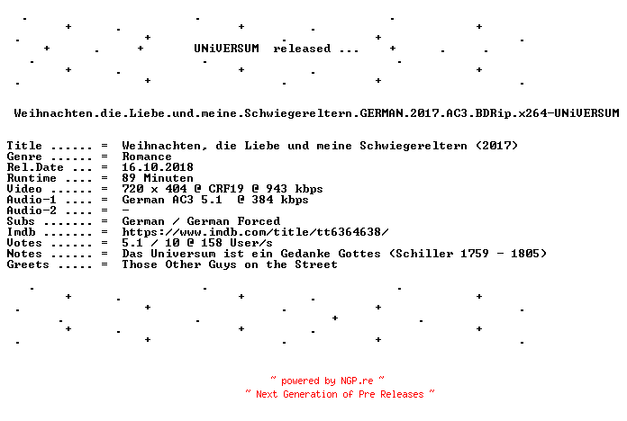 NFO for the release Weihnachten.die.Liebe.und.meine.Schwiegereltern.GERMAN.2017.AC3.BDRip.x264-UNiVERSUM by UNiVERSUM