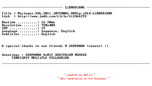 NFO for the release Mazinger.SKL.2011.iNTERNAL.BDRip.x264-LiBRARiANS by LiBRARiANS