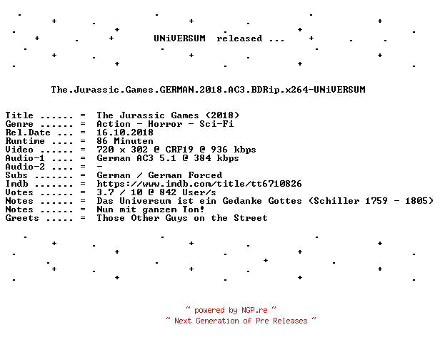 NFO for the release The.Jurassic.Games.GERMAN.2018.AC3.BDRip.x264.REPACK-UNiVERSUM by UNiVERSUM