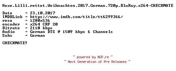 NFO for the release Hexe.Lilli.rettet.Weihnachten.2017.German.720p.BluRay.x264-CHECKMATE by CHECKMATE