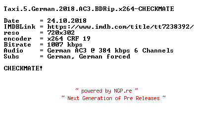NFO for the release Taxi.5.German.2018.AC3.BDRip.x264-CHECKMATE by CHECKMATE