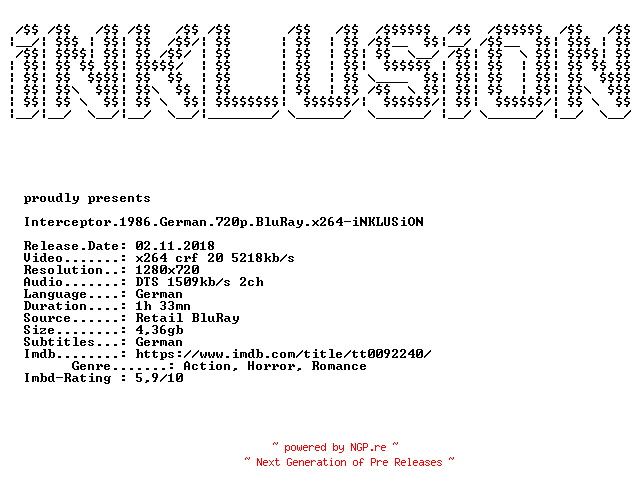 NFO for the release Interceptor.1986.German.720p.BluRay.x264-iNKLUSiON by iNKLUSiON