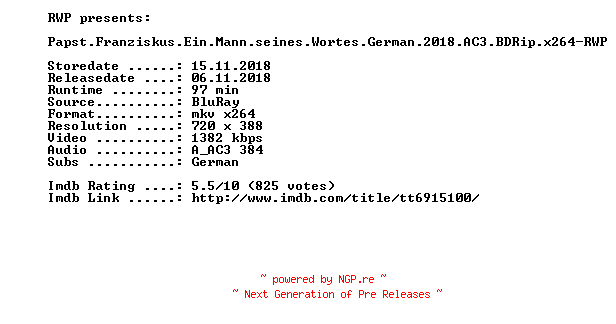 NFO for the release Papst.Franziskus.Ein.Mann.seines.Wortes.German.2018.AC3.BDRip.x264-RWP by RWP