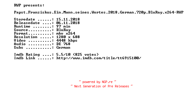 NFO for the release Papst.Franziskus.Ein.Mann.seines.Wortes.2018.German.720p.BluRay.x264-RWP by RWP