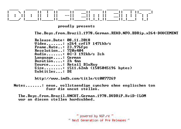 NFO for the release The.Boys.from.Brazil.1978.German.READ.NFO.BDRip.x264-DOUCEMENT by DOUCEMENT