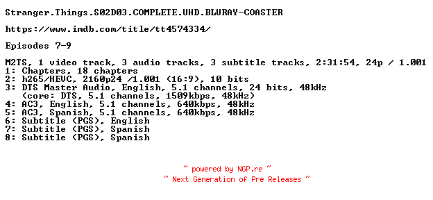 NFO for the release Stranger.Things.S02D03.COMPLETE.UHD.BLURAY-COASTER by COASTER