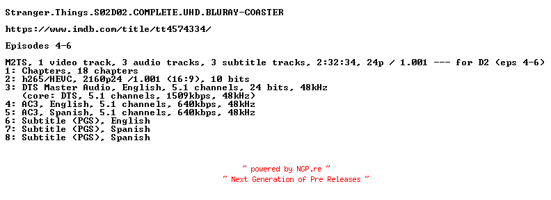 NFO for the release Stranger.Things.S02D02.COMPLETE.UHD.BLURAY-COASTER by COASTER