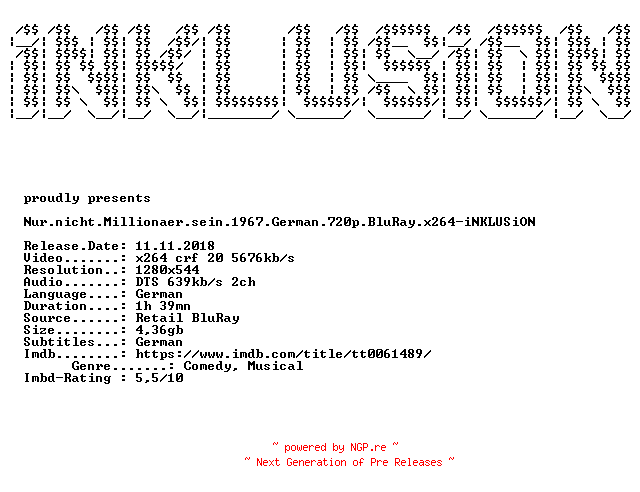 NFO for the release Nur.nicht.Millionaer.sein.1967.German.720p.BluRay.x264-iNKLUSiON by iNKLUSiON
