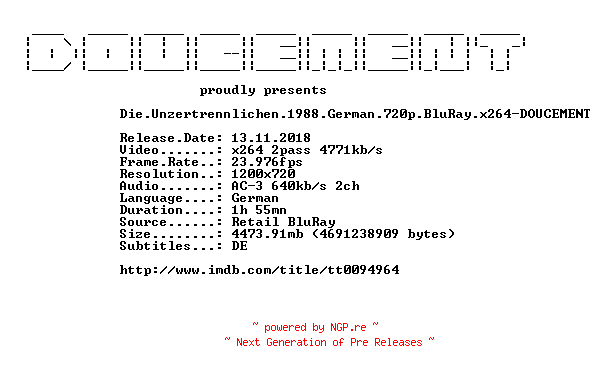 NFO for the release Die.Unzertrennlichen.1988.German.720p.BluRay.x264-DOUCEMENT by DOUCEMENT