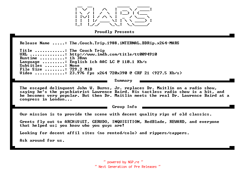 NFO for the release The.Couch.Trip.1988.iNTERNAL.BDRip.x264-MARS by MARS