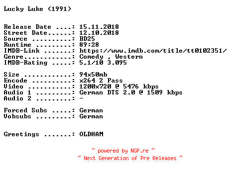 NFO for the release Lucky.Luke.1991.German.720p.BluRay.x264-SPiCY by SPiCY