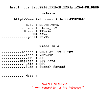NFO for the release Les.Innocentes.2016.FRENCH.BDRip.x264-PRiDEHD by PRiDEHD