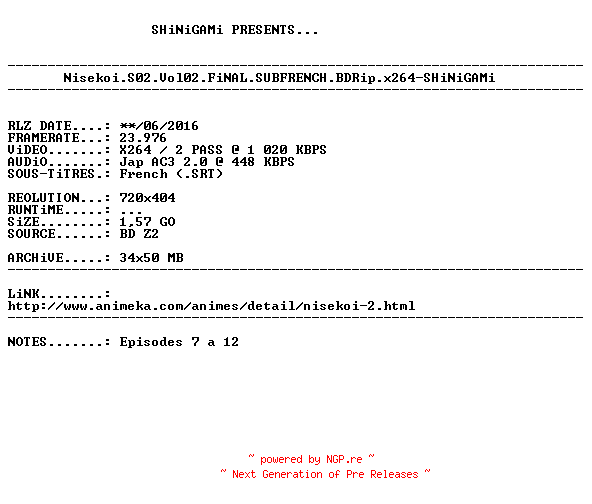 NFO for the release Nisekoi.S02.Vol02.FiNAL.SUBFRENCH.BDRip.x264-SHiNiGAMi by SHiNiGAMi