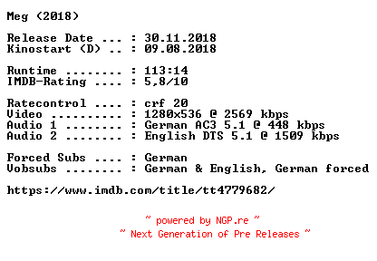 NFO for the release Meg.2018.German.DL.720p.BluRay.x264-COiNCiDENCE by COiNCiDENCE