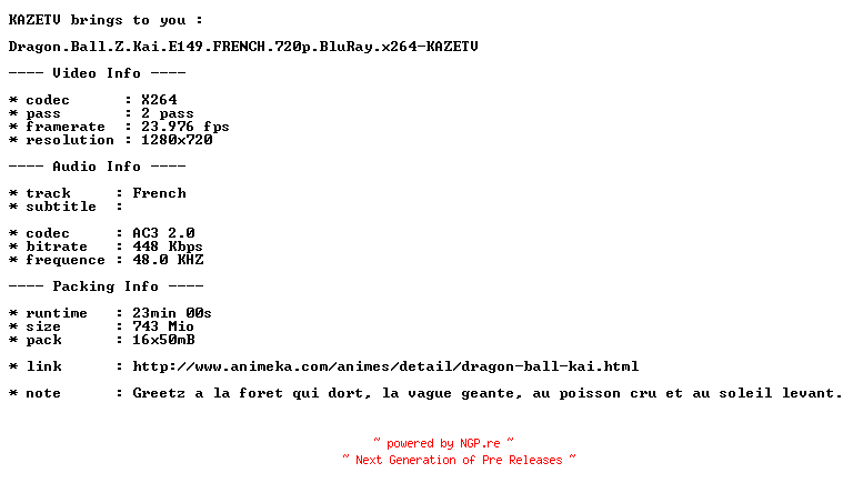 NFO for the release Dragon.Ball.Z.Kai.E149.FRENCH.720p.BluRay.x264-KAZETV by KAZETV