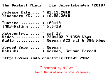 NFO for the release The.Darkest.Minds.Die.Ueberlebenden.German.2018.AC3.BDRip.x264-COiNCiDENCE by COiNCiDENCE