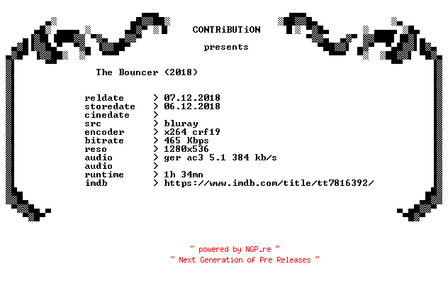 NFO for the release The.Bouncer.2018.German.BDRip.x264-CONTRiBUTiON by CONTRiBUTiON