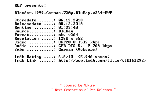 NFO for the release Bleeder.1999.German.720p.BluRay.x264-RWP by RWP