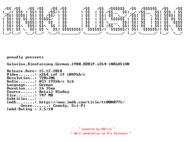 NFO for the release Galaxina.Kinofassung.German.1980.BDRiP.x264-iNKLUSiON by iNKLUSiON