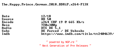 NFO for the release The.Happy.Prince.German.2018.BDRiP.x264-Pl3X by Pl3X