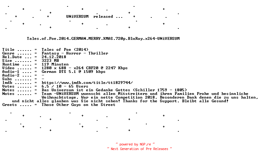 NFO for the release Tales.of.Poe.2014.GERMAN.MERRY.XMAS.720p.BluRay.x264-UNiVERSUM by UNiVERSUM