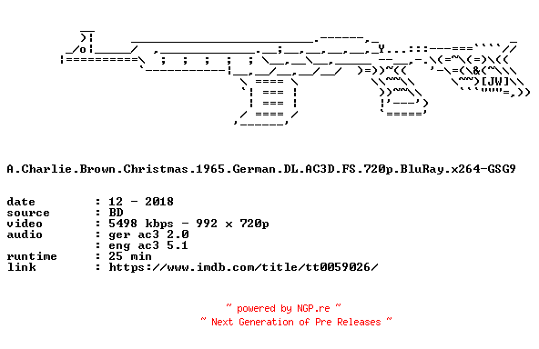 NFO for the release A.Charlie.Brown.Christmas.1965.German.DL.AC3D.FS.720p.BluRay.x264-GSG9 by GSG9