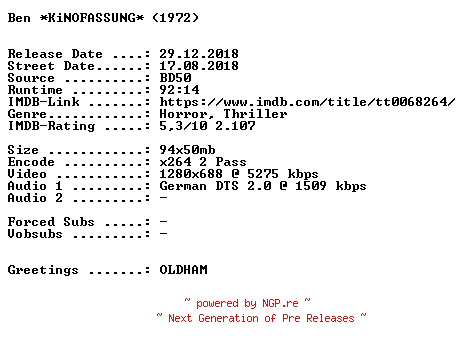 NFO for the release Ben.1972.KiNOFASSUNG.German.720p.BluRay.x264-SPiCY by SPiCY