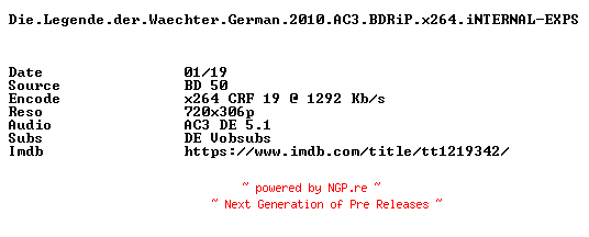 NFO for the release Die.Legende.der.Waechter.German.2010.AC3.BDRiP.x264.iNTERNAL-EXPS by EXPS