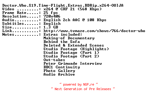 NFO for the release Doctor.Who.S19.Time-Flight.Extras.BDRip.x264-OUIJA by OUIJA