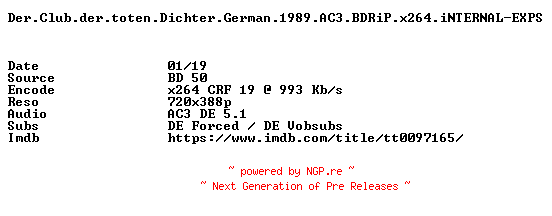 NFO for the release Der.Club.der.toten.Dichter.German.1989.AC3.BDRiP.x264.iNTERNAL-EXPS by EXPS