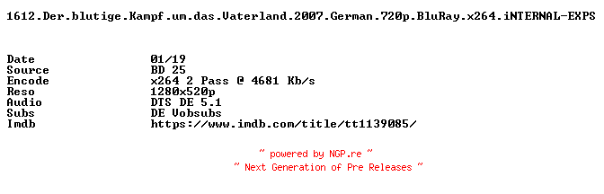 NFO for the release 1612.Der.blutige.Kampf.um.das.Vaterland.2007.German.720p.BluRay.x264.iNTERNAL-EXPS by EXPS