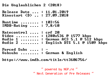 NFO for the release Die.Unglaublichen.2.2018.German.DL.720p.BluRay.x264-COiNCiDENCE by COiNCiDENCE