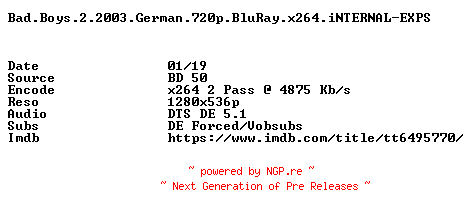 NFO for the release Bad.Boys.2.German.2003.AC3.BDRiP.x264.iNTERNAL-EXPS by EXPS