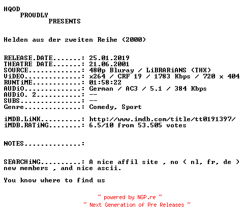 NFO for the release Helden.aus.der.zweiten.Reihe.German.2000.AC3D.BDRiP.x264.iNTERNAL-HQOD by HQOD