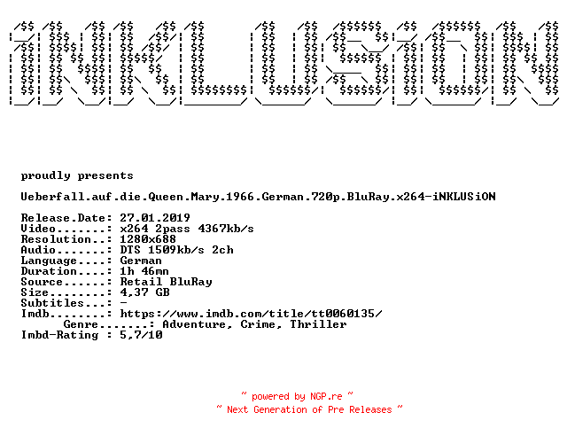 NFO for the release Ueberfall.auf.die.Queen.Mary.1966.German.720p.BluRay.x264-iNKLUSiON by iNKLUSiON