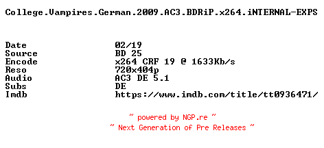 NFO for the release College.Vampires.German.2009.AC3.BDRiP.x264.iNTERNAL-EXPS by EXPS