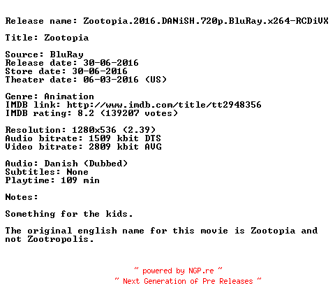 NFO for the release Zootopia.2016.DANiSH.720p.BluRay.x264-RCDiVX by RCDiVX