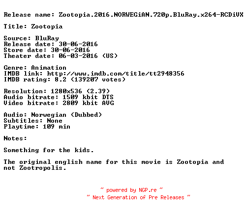 NFO for the release Zootopia.2016.NORWEGiAN.720p.BluRay.x264-RCDiVX by RCDiVX