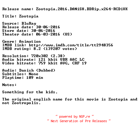 NFO for the release Zootopia.2016.DANiSH.BDRip.x264-RCDiVX by RCDiVX