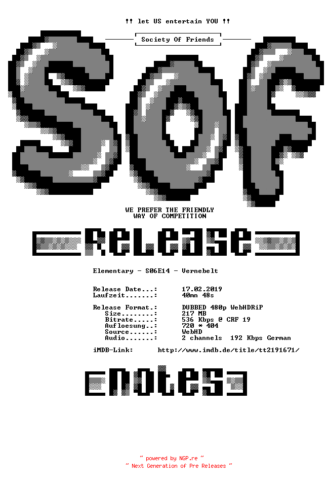 NFO for the release Elementary.S06E14.Vernebelt.GERMAN.DUBBED.WebHDRiP.x264-SOF by SOF