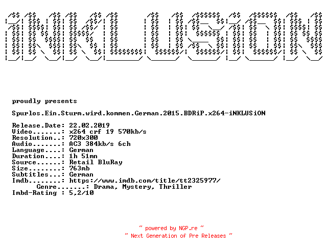 NFO for the release Spurlos.Ein.Sturm.wird.kommen.German.2015.BDRiP.x264-iNKLUSiON by iNKLUSiON
