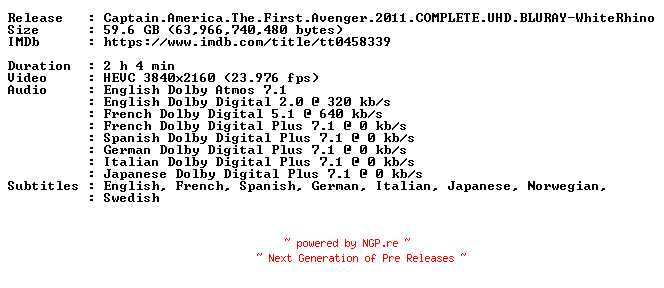 NFO for the release Captain.America.The.First.Avenger.2011.COMPLETE.UHD.BLURAY-WhiteRhino by WhiteRhino