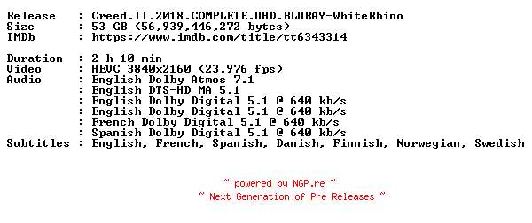 NFO for the release Creed.II.2018.COMPLETE.UHD.BLURAY-WhiteRhino by WhiteRhino