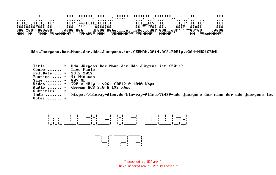 NFO for the release Udo.Juergens.Der.Mann.der.Udo.Juergens.ist.GERMAN.2014.AC3.BDRip.x264-MUSiCBD4U by MUSiCBD4U